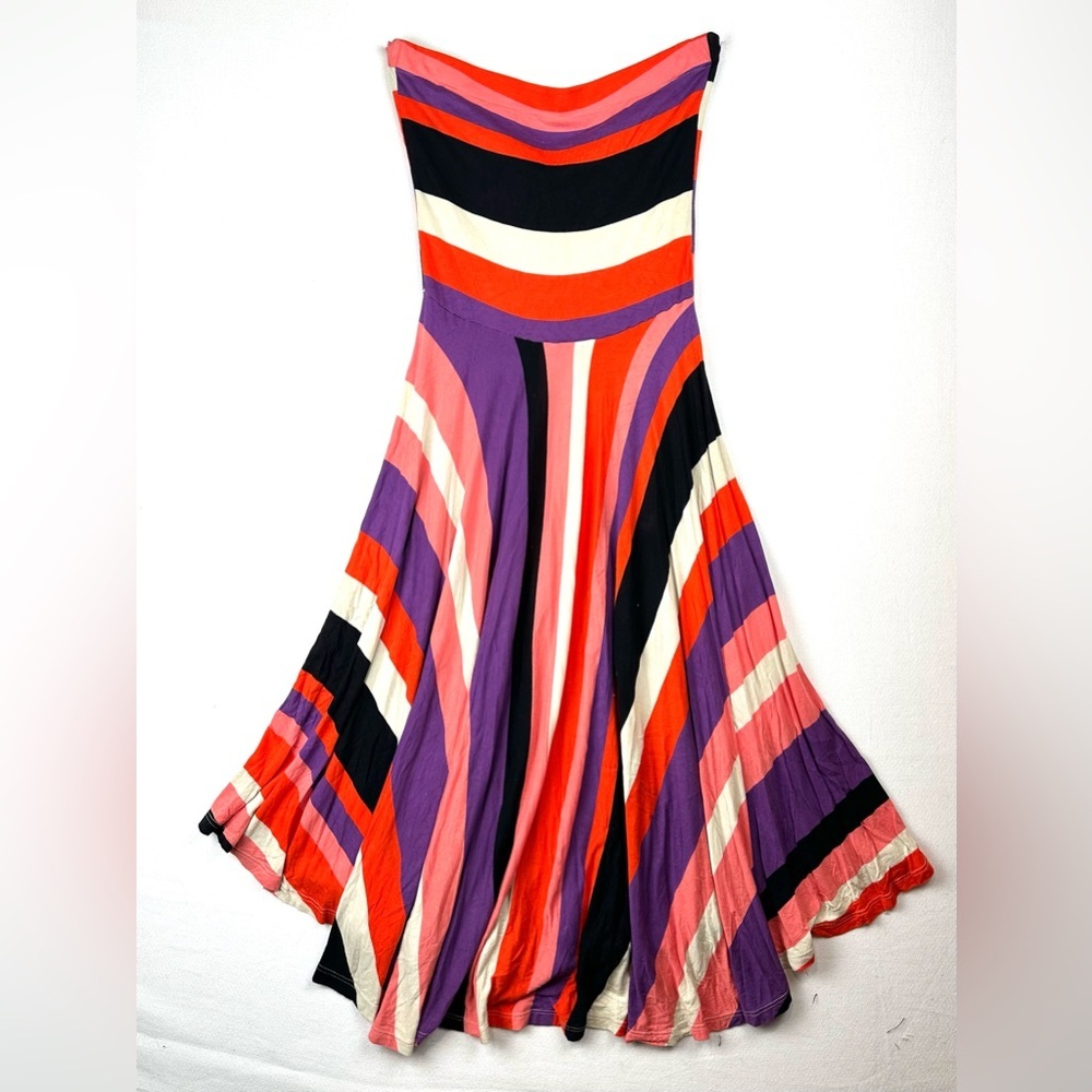 Felicity & Coco Strapless Stripe Knit Keyhole Back Asymmetrical Midi Dress